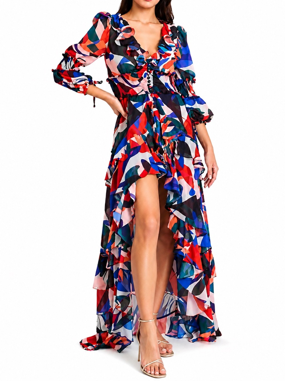 PatBO Blister Abstract Print Ruffle High-Low Maxi Dress | Size Small | Resort